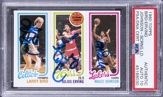 1980 Topps Scoring Leaders Bird/Erving/Johnson Signed Rookie Card - PSA/DNA Authentic Auto 10